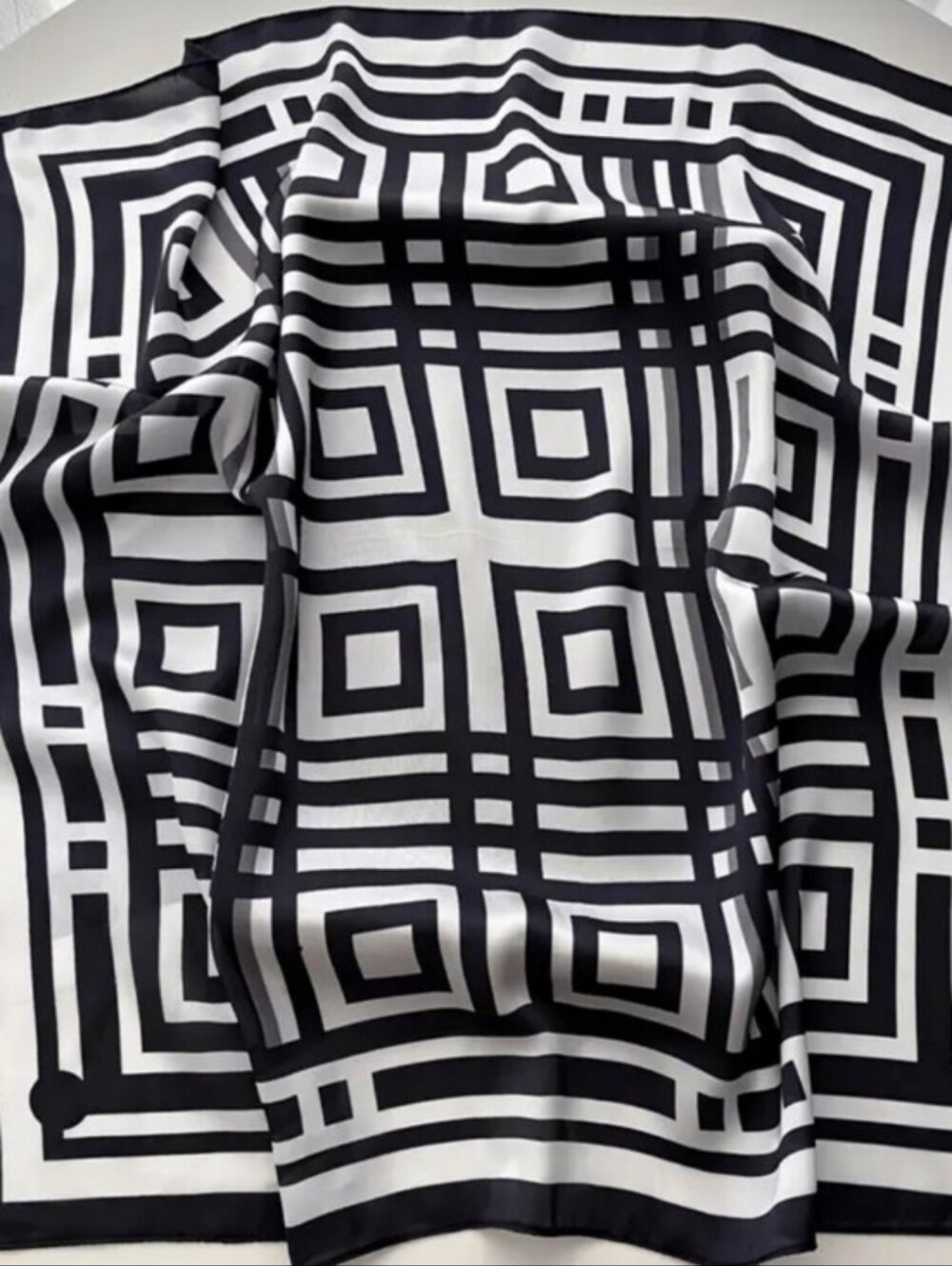Silk-feel Black & White Geometric Silk Scarf